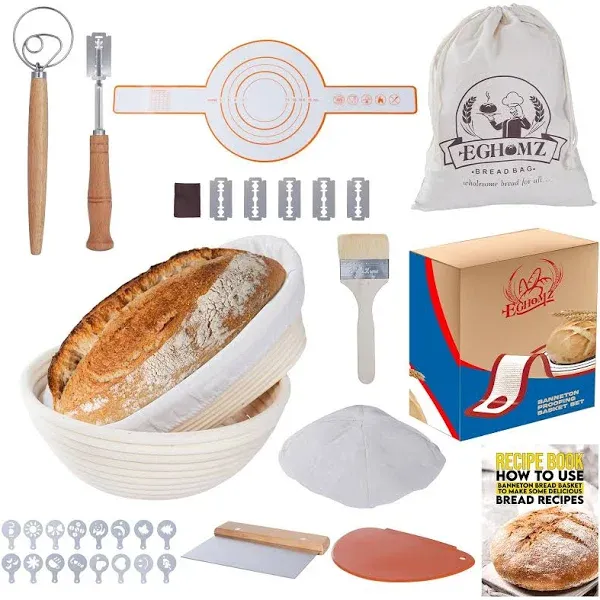 Banneton Bread Proofing Basket Set - 10 inch Oval & 9 inch Round Basket with Silicon Bread Sling and stencils | Sourdough Proofing Basket with Full Set of Bread Making Kit | Bread Baking Gifts