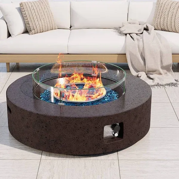 COSIEST Outdoor Round Propane Fire Pit w Wind Guard and Fire Glass