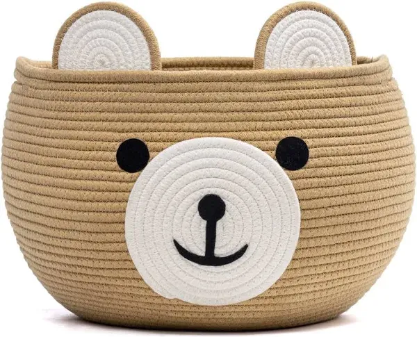 CherryNow Cotton Rope Basket Baby Gift Basket for Newborn, Empty Gift Basket with Handles, Medium Animal Basket for Toy Clothes Towel, Woven Rope Bear Basket for Kids, Brown, 15.7"D x 10.5"H