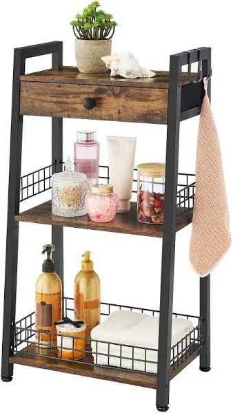 3-Tier Brown Bathroom Ladder Shelf with Drawer