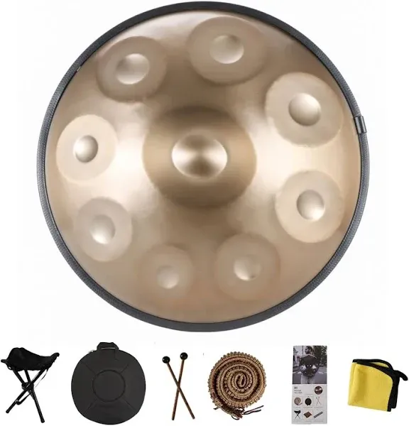 Ebusin Handpan Drum, 22-Inch D Minor 10-Note 440Hz Adult Steel Hand Drums(Gold)