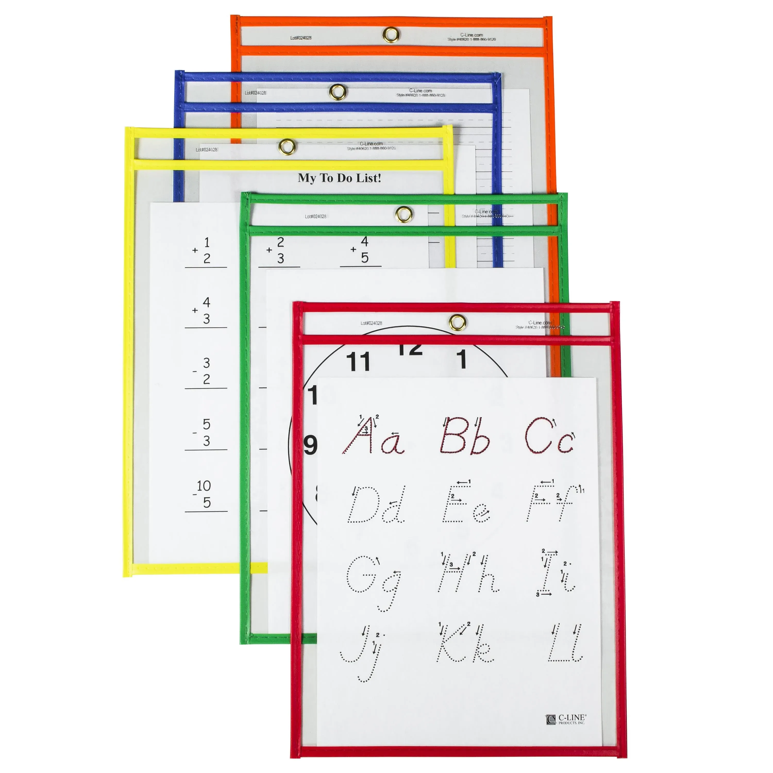 C-line Products Reusable Dry Erase Pockets, Assorted Primary Colors, 9 X 12,