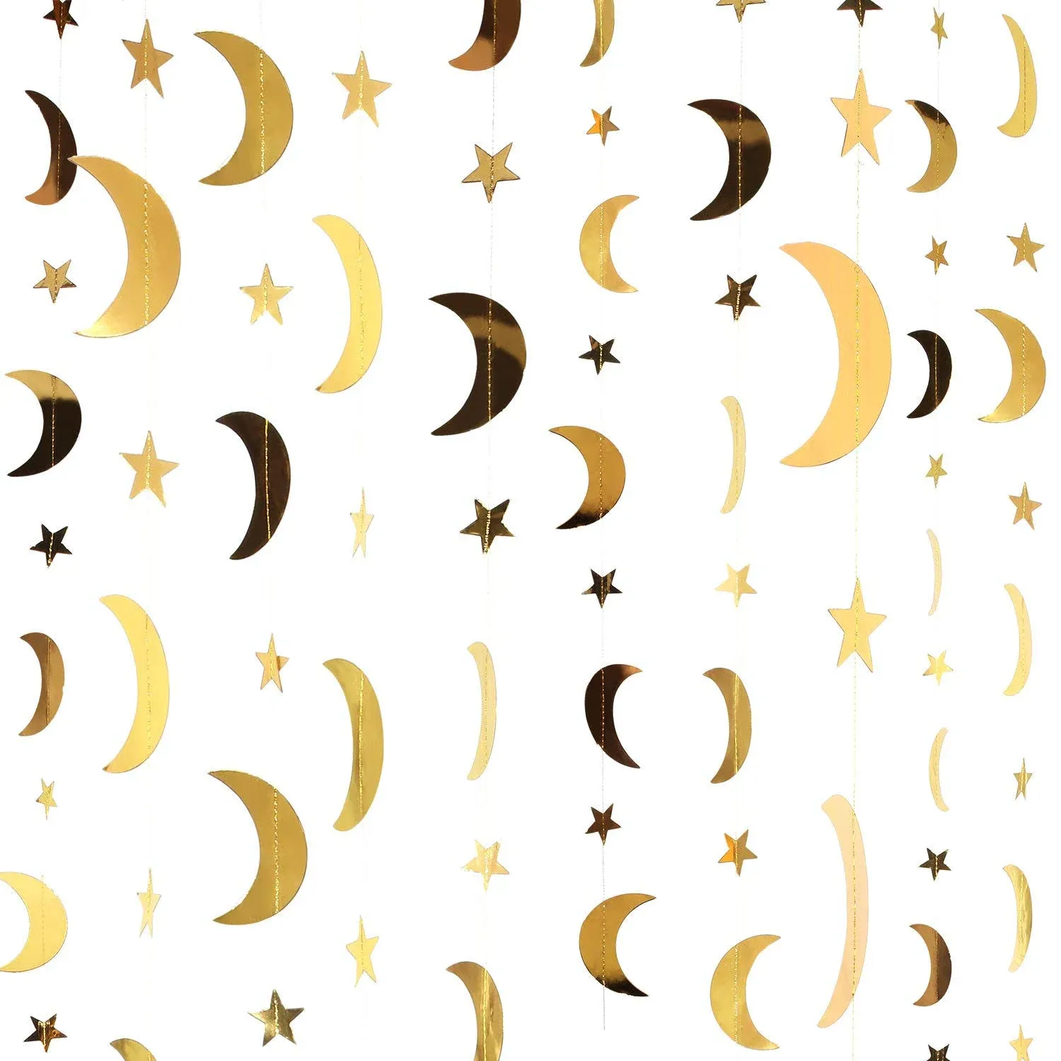 Glitter Star Moon Garland Banner Decoration, 130 Feet Gold Bright Star Moon Paper Garland Hanging Bunting Banner Backdrop for Graduation Class Congrats Grad Party Decoration