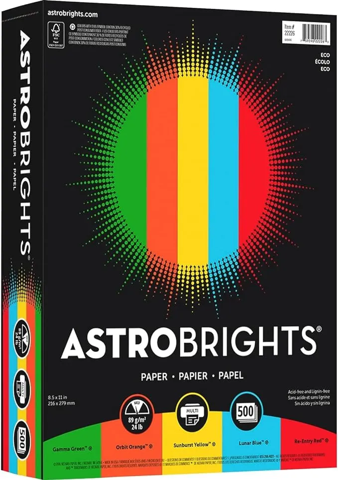 Neenah Astrobrights Color Paper, 8.5" x 11", 24 lb/89 gsm,"Eco" 5-Color Assortment, 500 Sheets (22226), Assorted