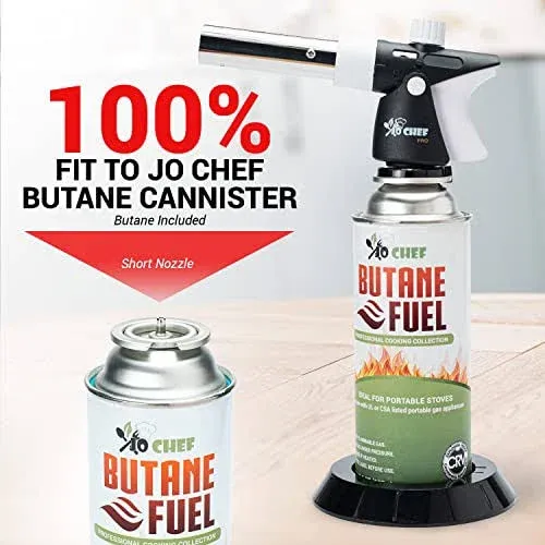 Jo Chef Pro Butane Torch Lighter - Refillable Butane Torch Head, Small Butane Torch with Safety Lock & Adjustable Flame - Culinary Blow Torch, Creme