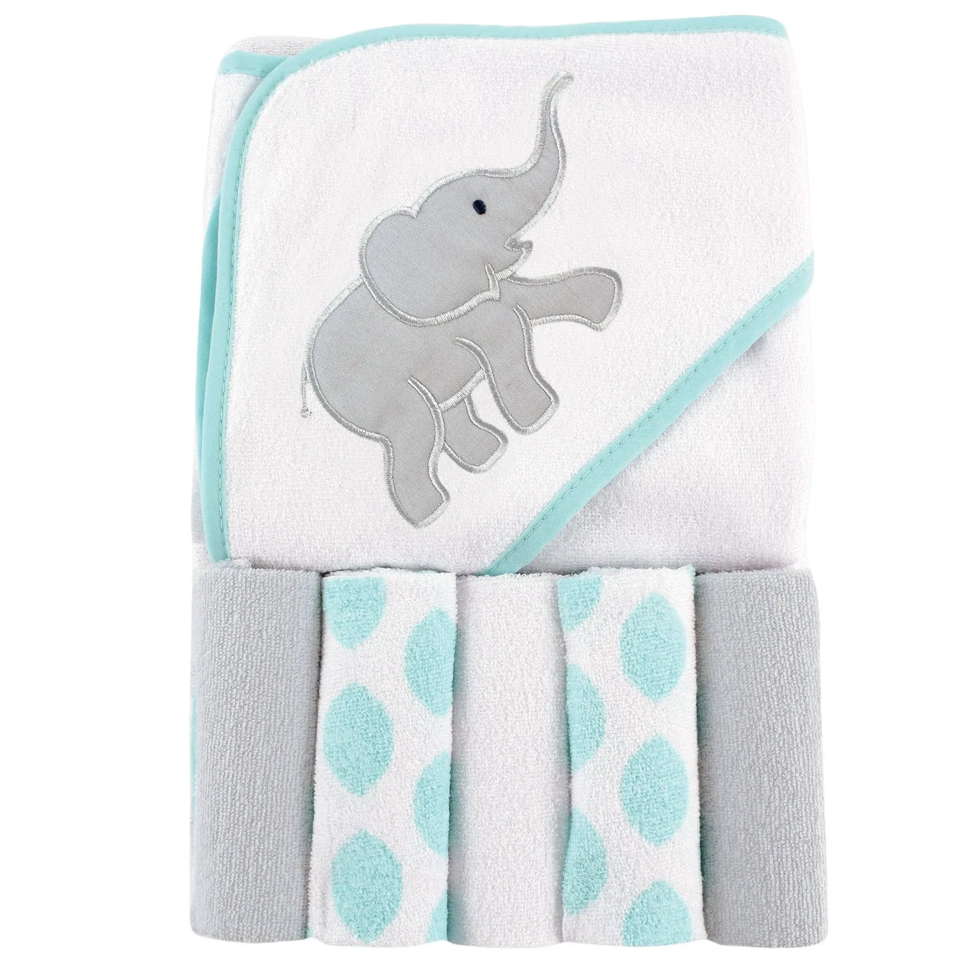 Luvable Friends Baby Hooded Towel with 5 Washcloths, Ikat Elephant