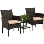 FDW Patio Bistro Conversation Set Wicker Furniture 2 Rattan Chairs Cushions and Glass Coffee Table for Porch Lawn Garden Balcony Backyard, 3 Pieces, B