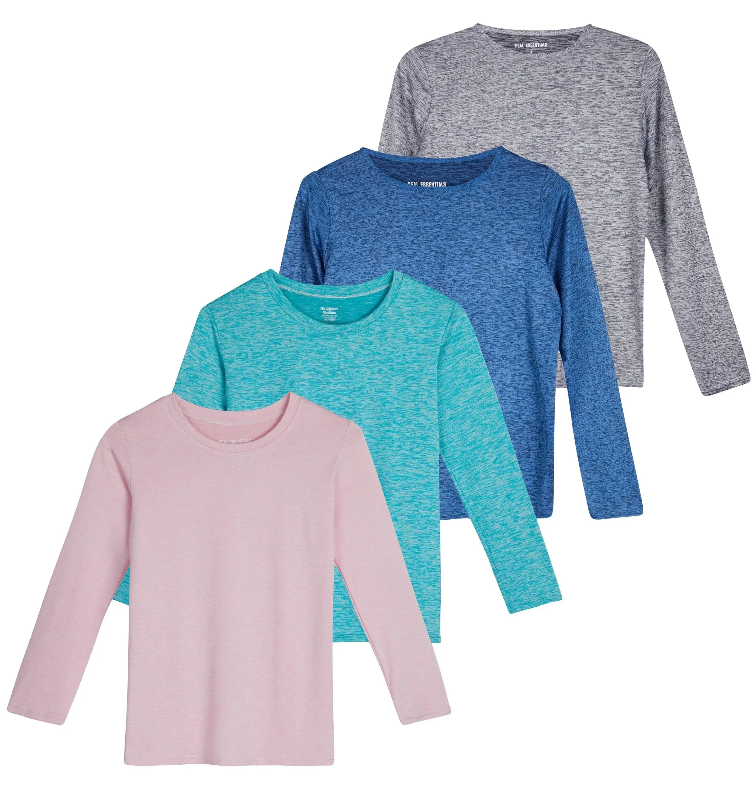 Real Essentials 4 Pack: Girls Dry-Fit Long Sleeve Active Crew Neck T-Shirt ...