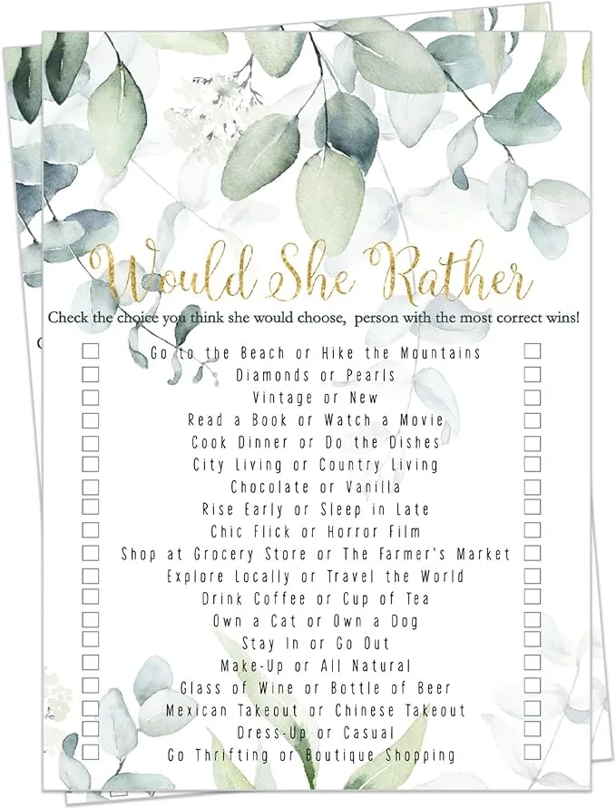 Greenery Bridal Shower Would She Rather Game – 25 Pack, Who Knows Bride Best, Couples Wedding Engagement Party Games, Rustic Reception Decor and Ideas, Fun Guest Activities