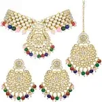 Aheli Elegant Wedding Party Wear Faux Kundan Studded Short Necklace Earrings with Maang Tikka Set Indian Ethnic Bollywood Fashion Jewelry Gift for Women