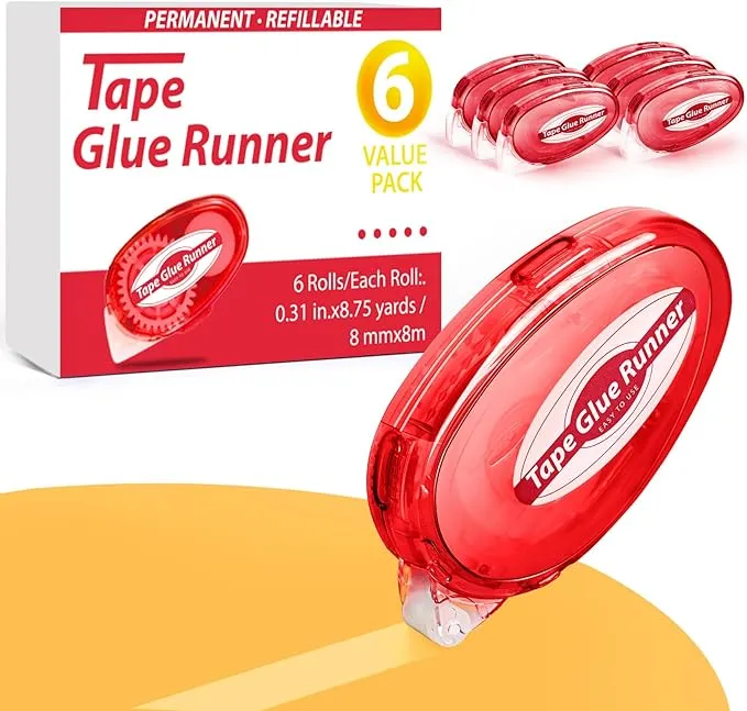 6 Pack Double Sided Tape Roller, 8mm x 315 Inch Permanent Adhesive Scrapbook Tape Dispenser Runner, Glue Tape Roller for Scrapbooking, Crafts and Arts Projects, Photo-Safe, Smooth & Clean