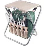 Pure Garden Folding Garden Stool with Tool Bag and 5 Garden Tools