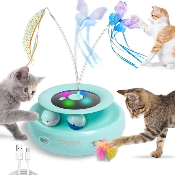 ORSDA Cat Toy, 3-in-1 Automatic Cat Toys for Indoor Cats, Electronic Whack a Mole, Fluttering Butterfly,Track Balls Kitten Toy, Rechargeable Power Interactive Feather Toys for All Breeds