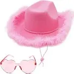 4E's Novelty Pink Cowboy Hat with Feathers with Heart Shaped Sunglasses for Women, Felt Pink Cowgirl Hat for Party Costume Dress Up