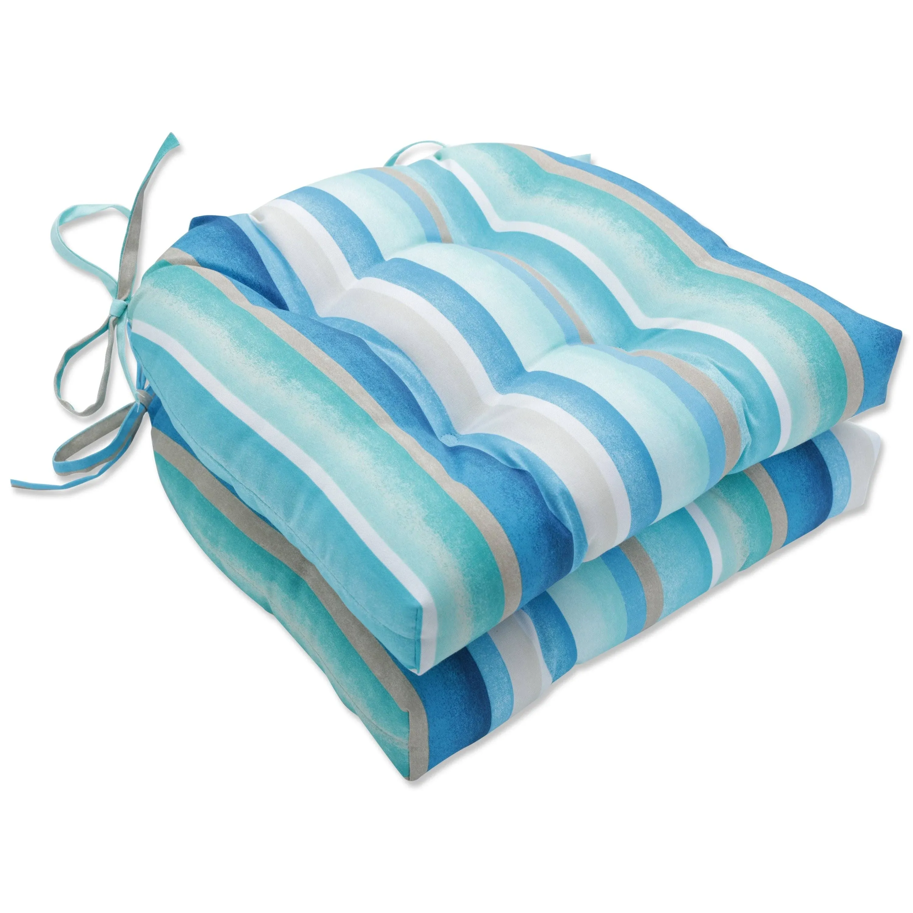 Pillow Perfect Stripe Indoor/Outdoor Chairpad with Ties, Tufted, Weather, and Fade Resistant, 17" x 17.5", Blue/Tan Dina, 2 Count