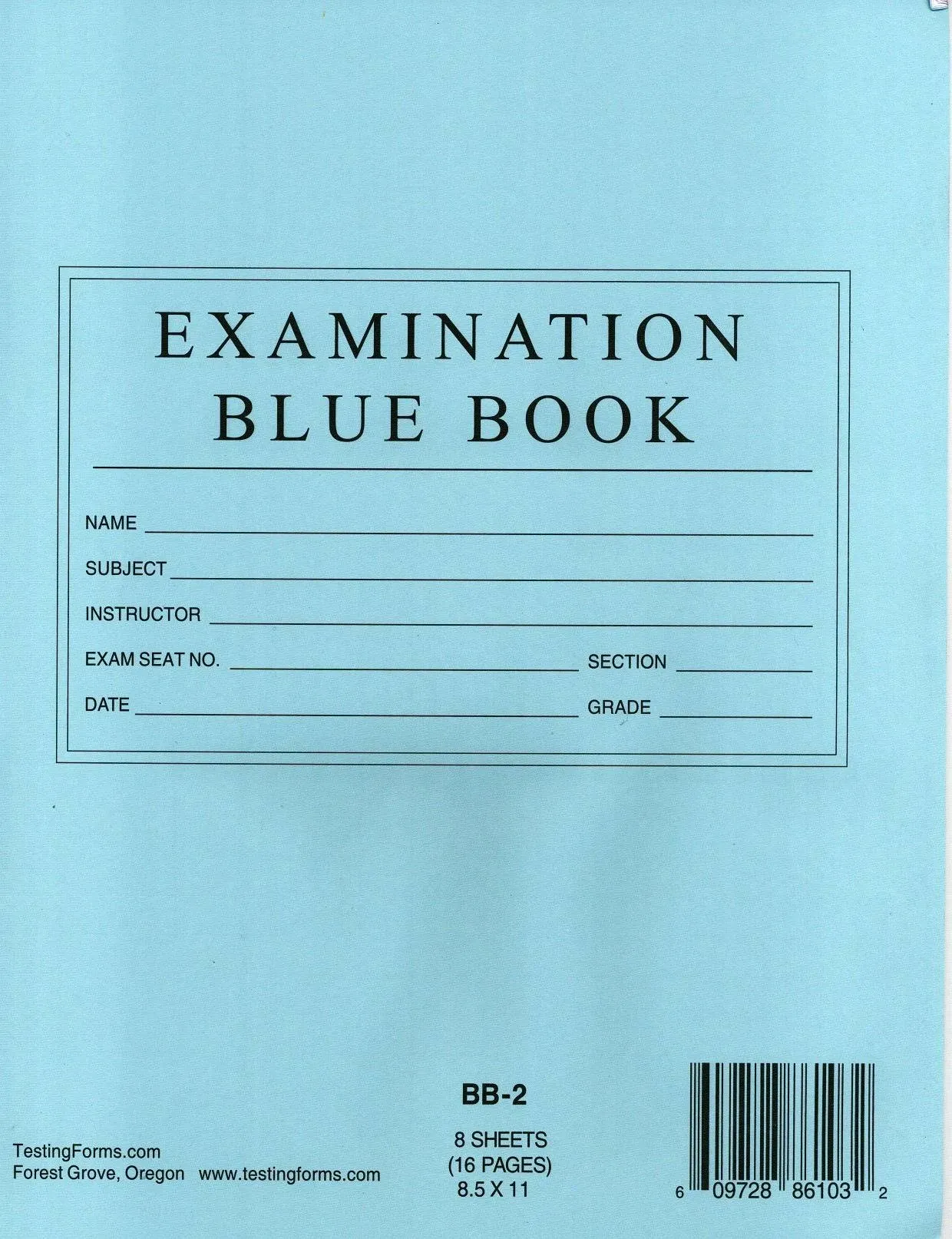 Testingforms 8.5" x 11" Examination Blue Book 8 Sheets 16 Pages 10 Booklets