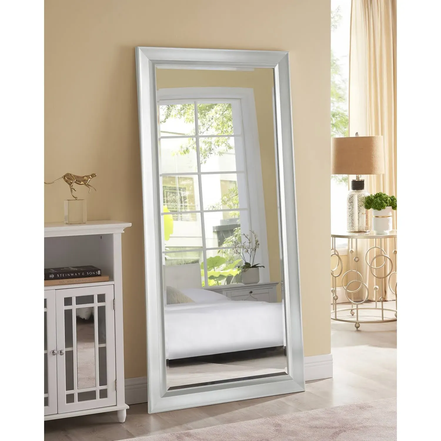 Silver, 66" L x 32" W Framed Bevel Leaner Full Length Huge Floor Mirror XL Mirror ...