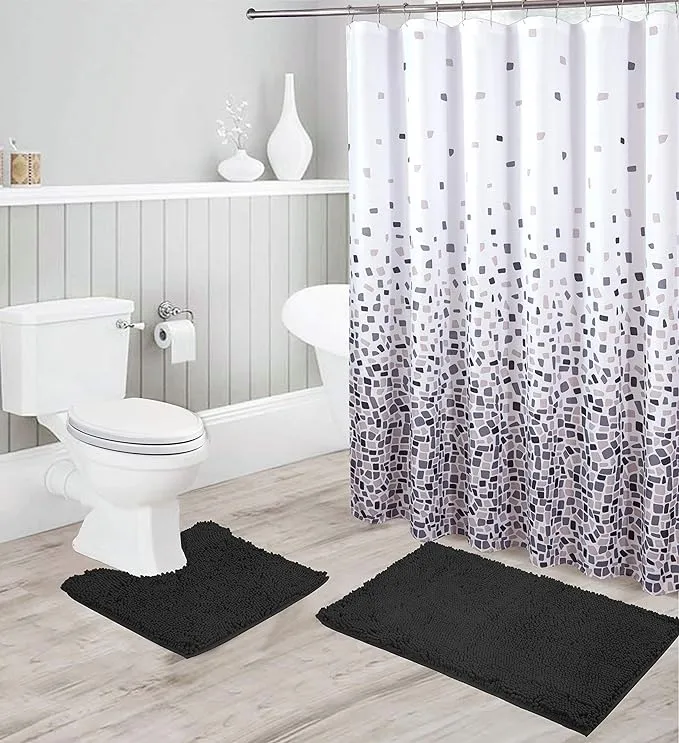 Chenille Soft Rug Anti-Slip Bath Set Includes Bath Mat, Contour Mat, Shower Curt