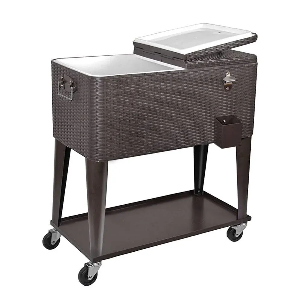 80Quart Rolling Cooler Ice Chest Cart for Outdoor Patio Party Rattan Tub Trolley