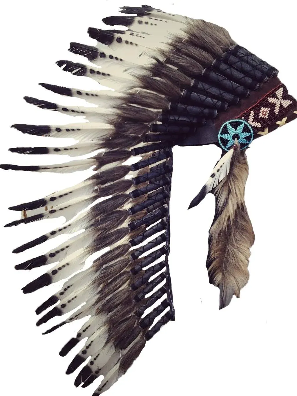 Native American Inspired Headdress - Handcrafted with Genuine Feathers and Beads (Black & White Swan)