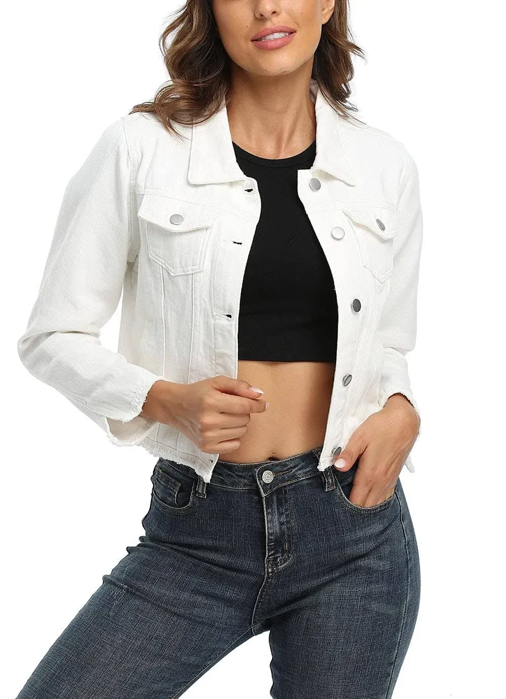 Miss Moly Cropped Jean Jacket Women Frayed Washed Soft Button Up Short Denim ...