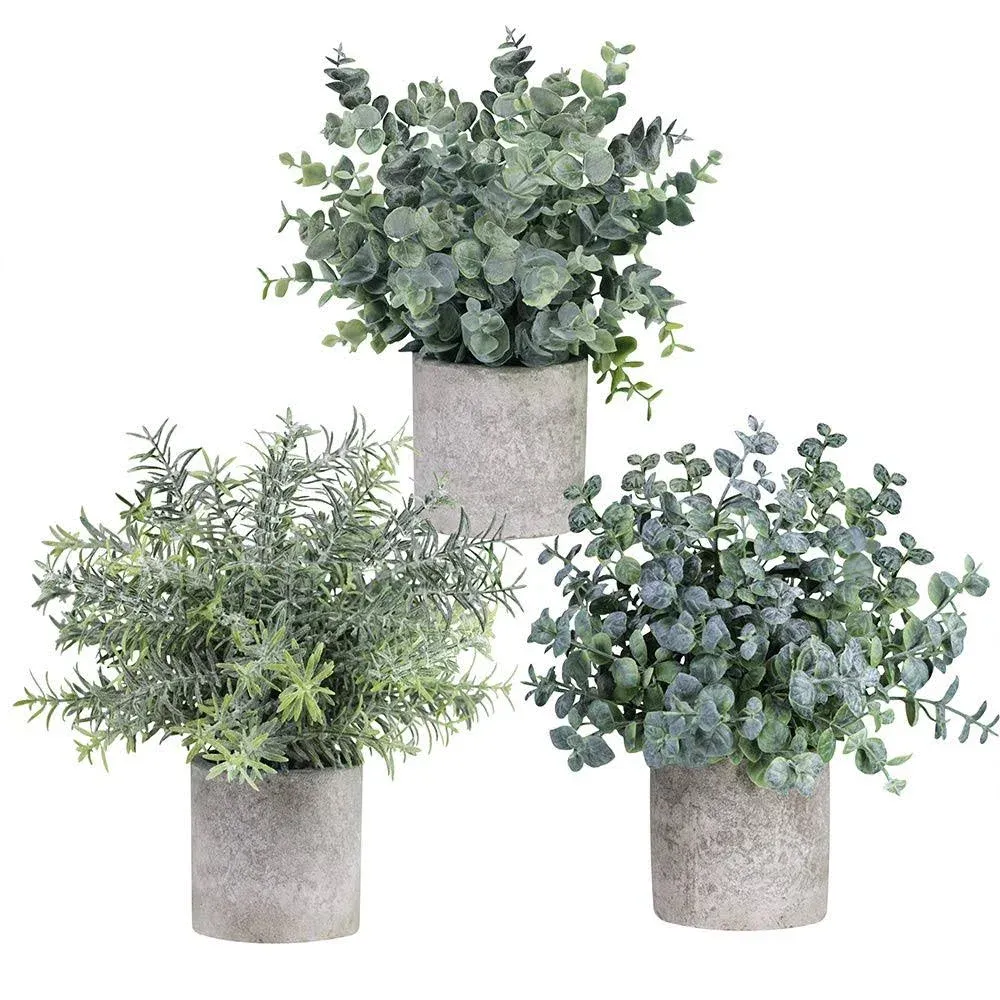 Winlyn Set of 3 Mini Potted Artificial Eucalyptus Plants Plastic Green Rosemary