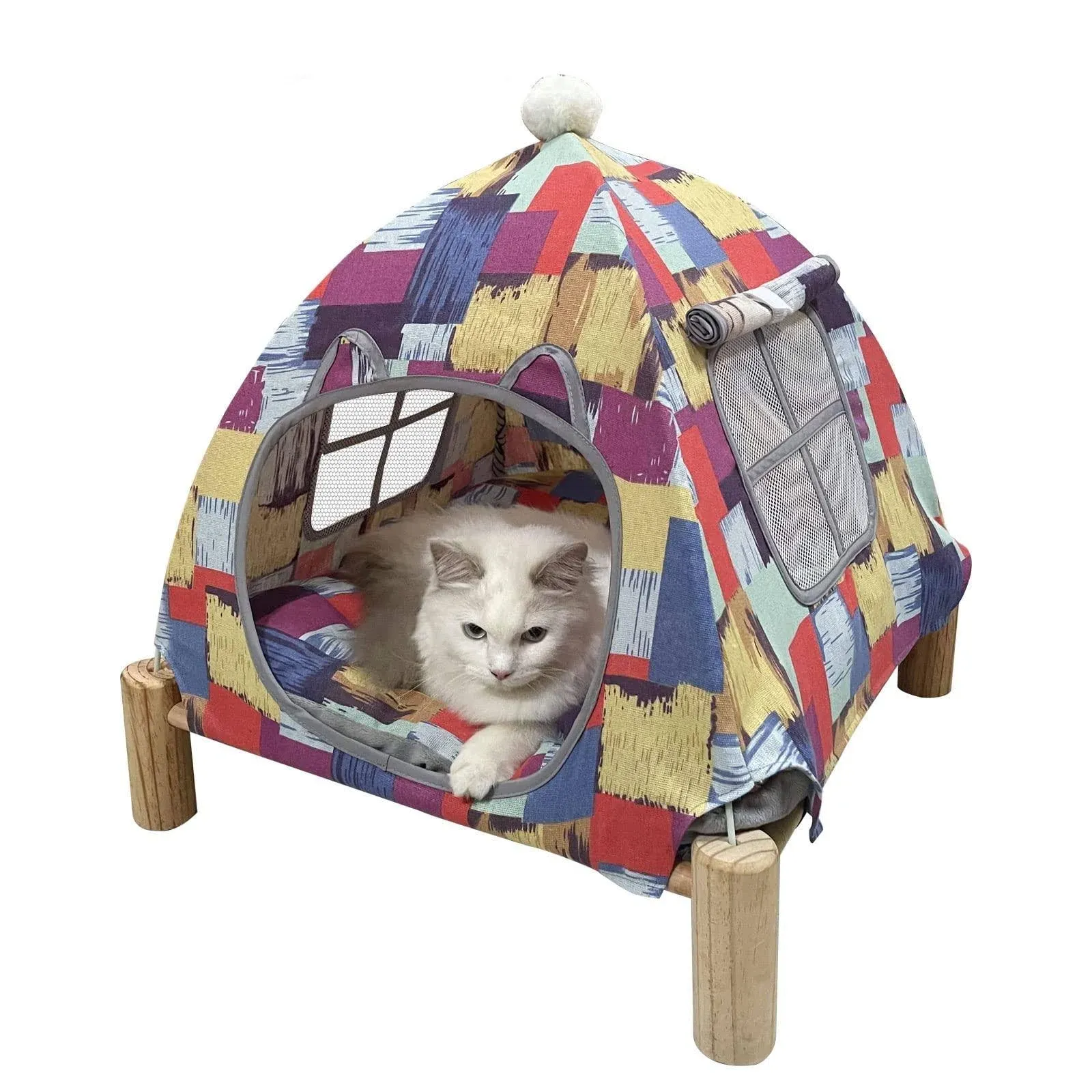 2-in-1 Cat Bed Tent Wooden Frame Cat Tent Cat Hammock, Removable Wooden Cat Raise Indoor Outdoor Bed, Portable Indoor/Outdoor Pet Dog Tent House Cat Puppy Small Animal (Black Diamond Tent)