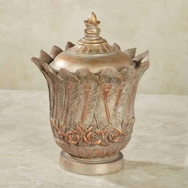 Beautiful Peacock Elegance Decorative Covered Jar Copper and Champagne Tones