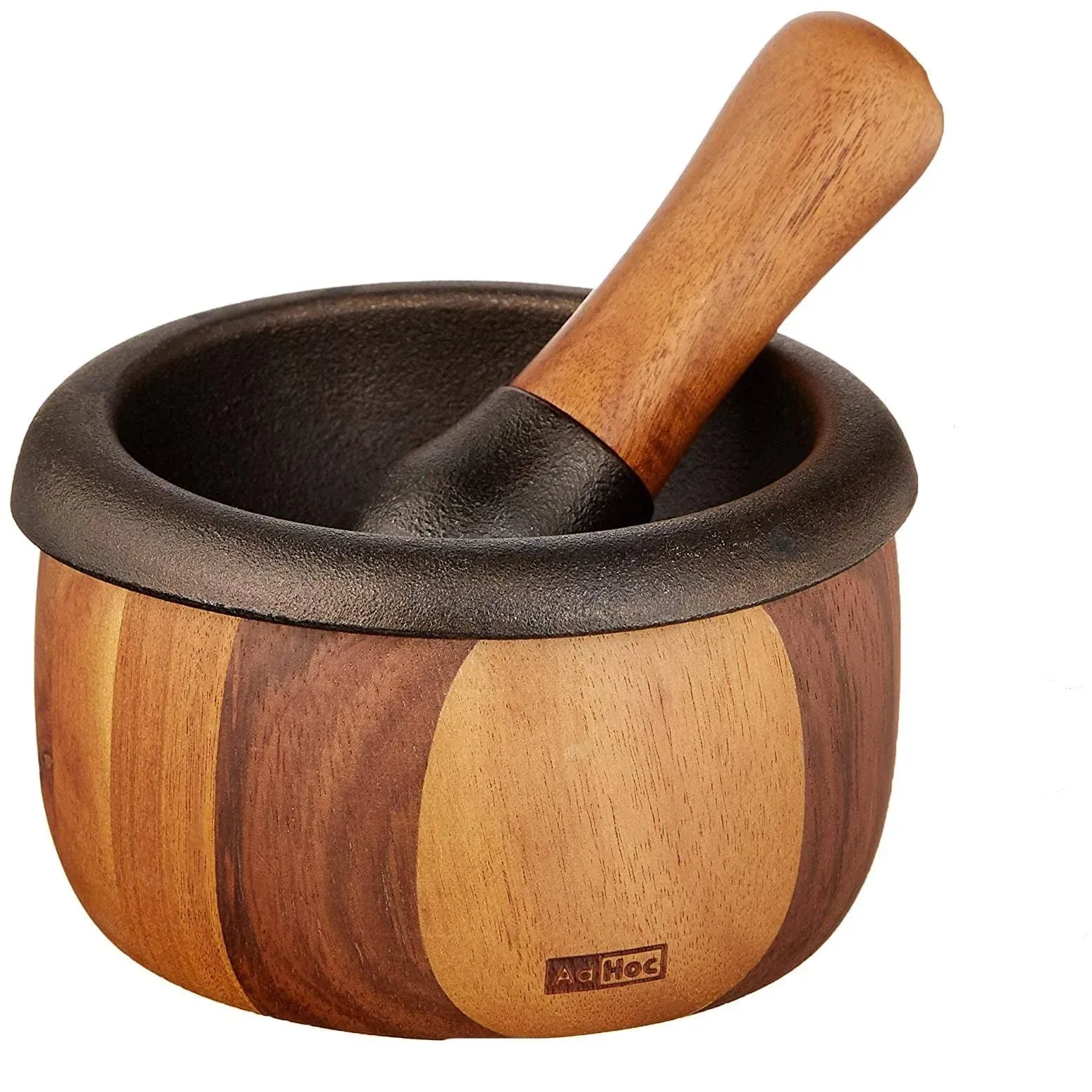 AdHoc Crush Cast Iron and Acacia Wood Mortar & Pestle, Brown & Black 5"