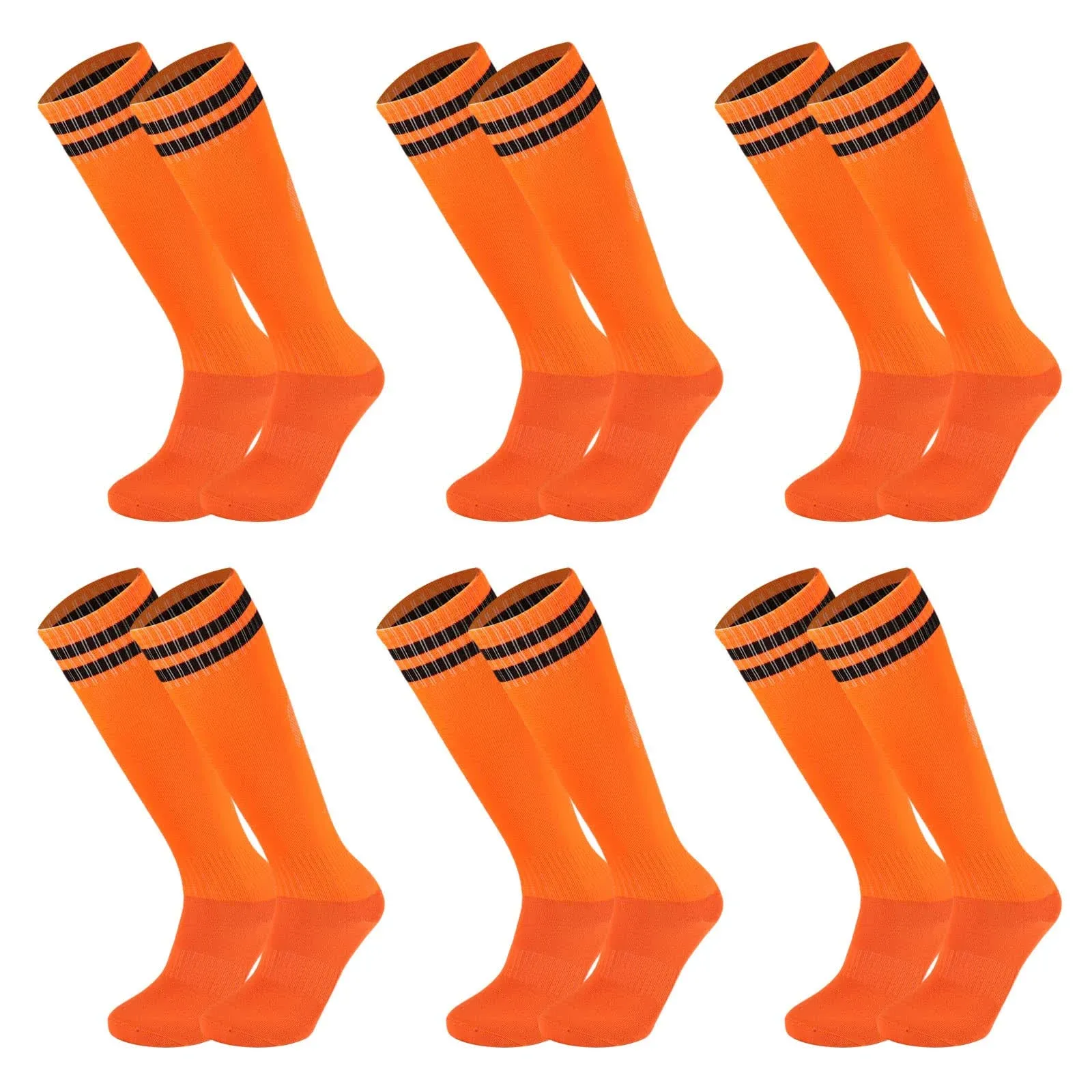 Ultrafun 6 Pairs Kids Youth Soccer Socks Solid Striped Knee High Tube Football Sports Socks for Boys Girls 6-12 Years Old