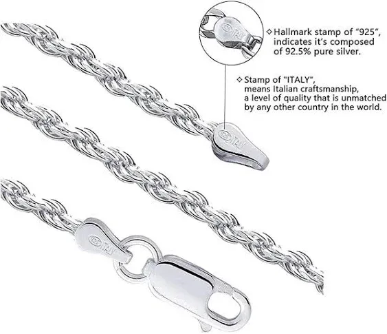 Savlano 925 Sterling Silver 4mm Solid Italian Rope Diamond Cut Twist Link Chain Necklace with Gift Box for Men & Women - Made in Italy