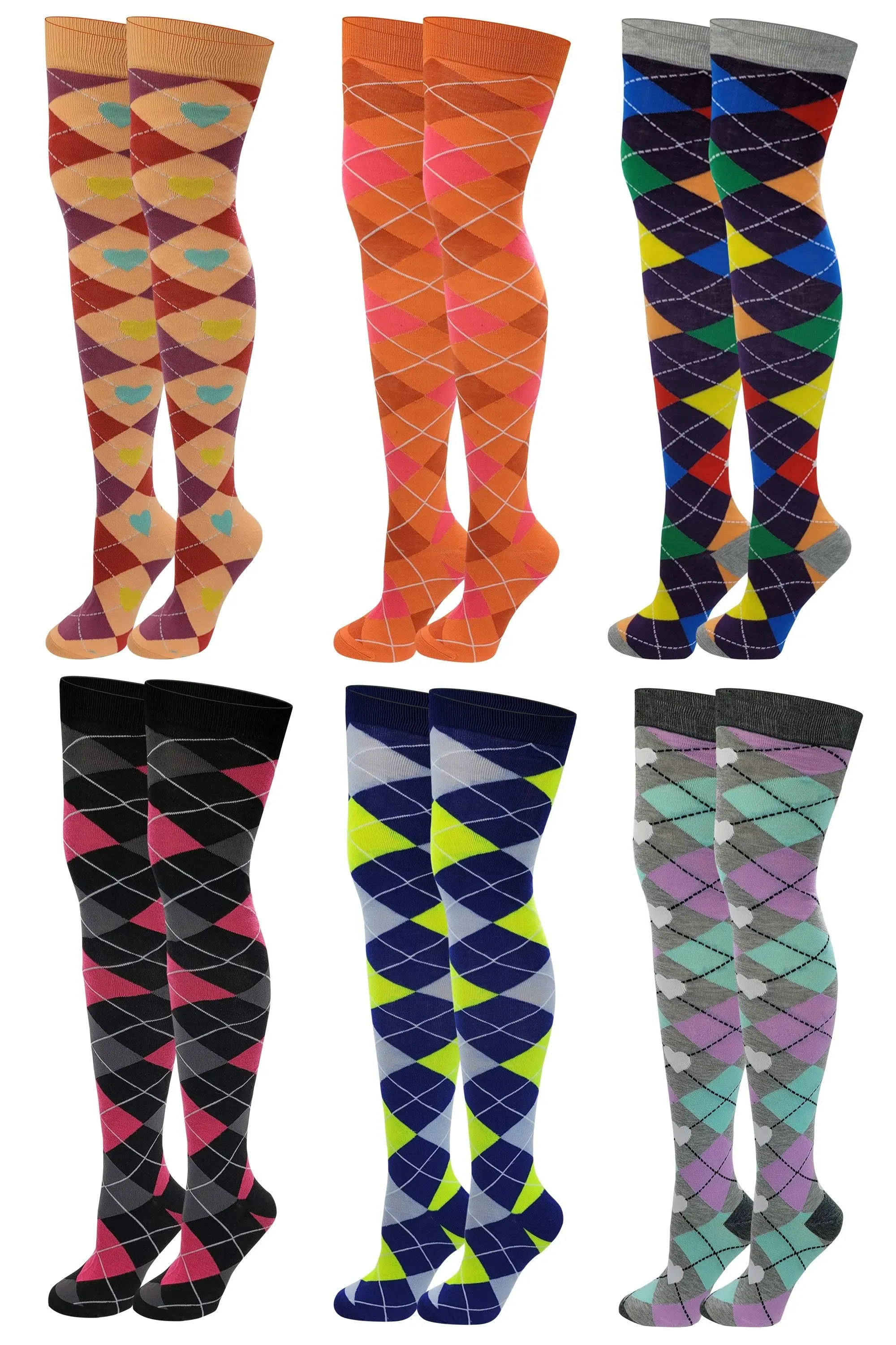 Sumona 6 Pairs Pack Women Multi Neon Color Fancy Design Thigh High Over The Knee Socks Stockings (6 Pairs Argyle)