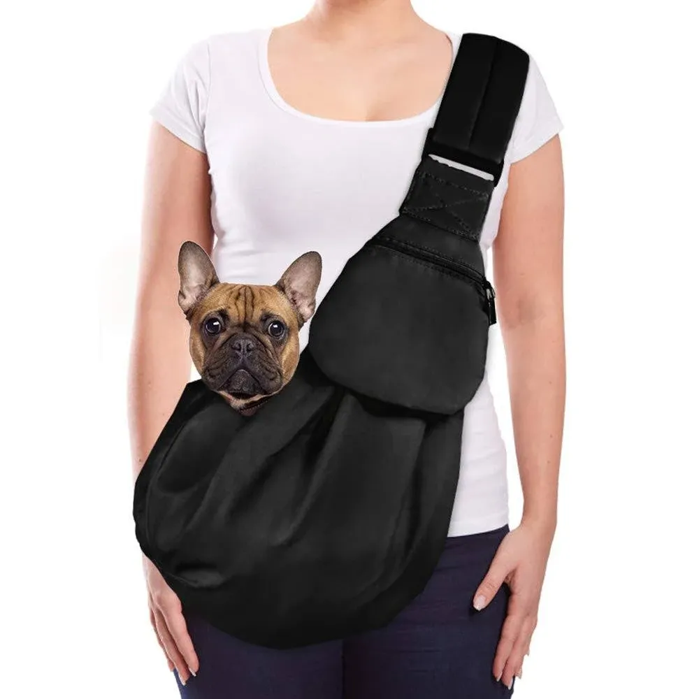 Lukovee Pet Sling, Hand Free Dog Sling Carrier Adjustable Padded Strap Tote Bag Breathable Cotton Shoulder Bag Front Pocket Safety Belt Carrying Small Dog Cat Puppy Machine Washable (Black, S)