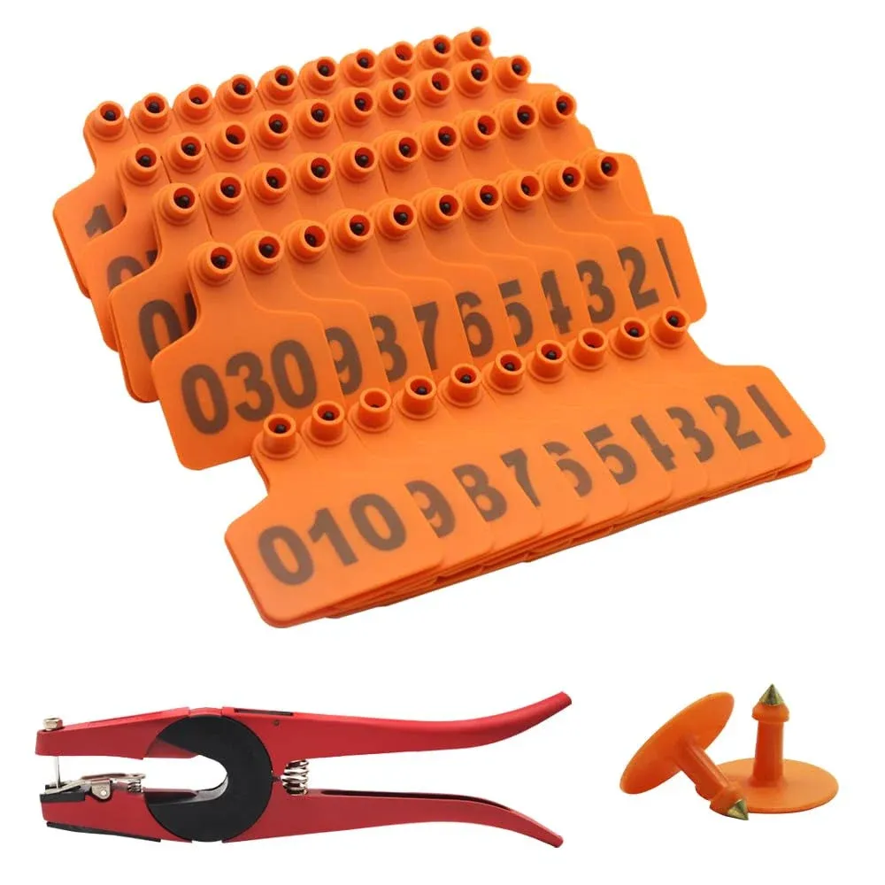 Cattle Ear Tags for Cows 001-100 Ear Tagger Installer Kit (Orange)