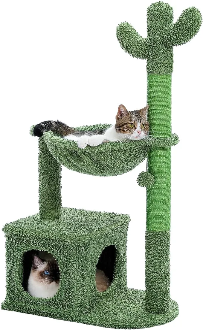  Cactus Cat Tree 40&#034; Cat Tower with Large Metal Carpet Condo &amp; Hammock Green