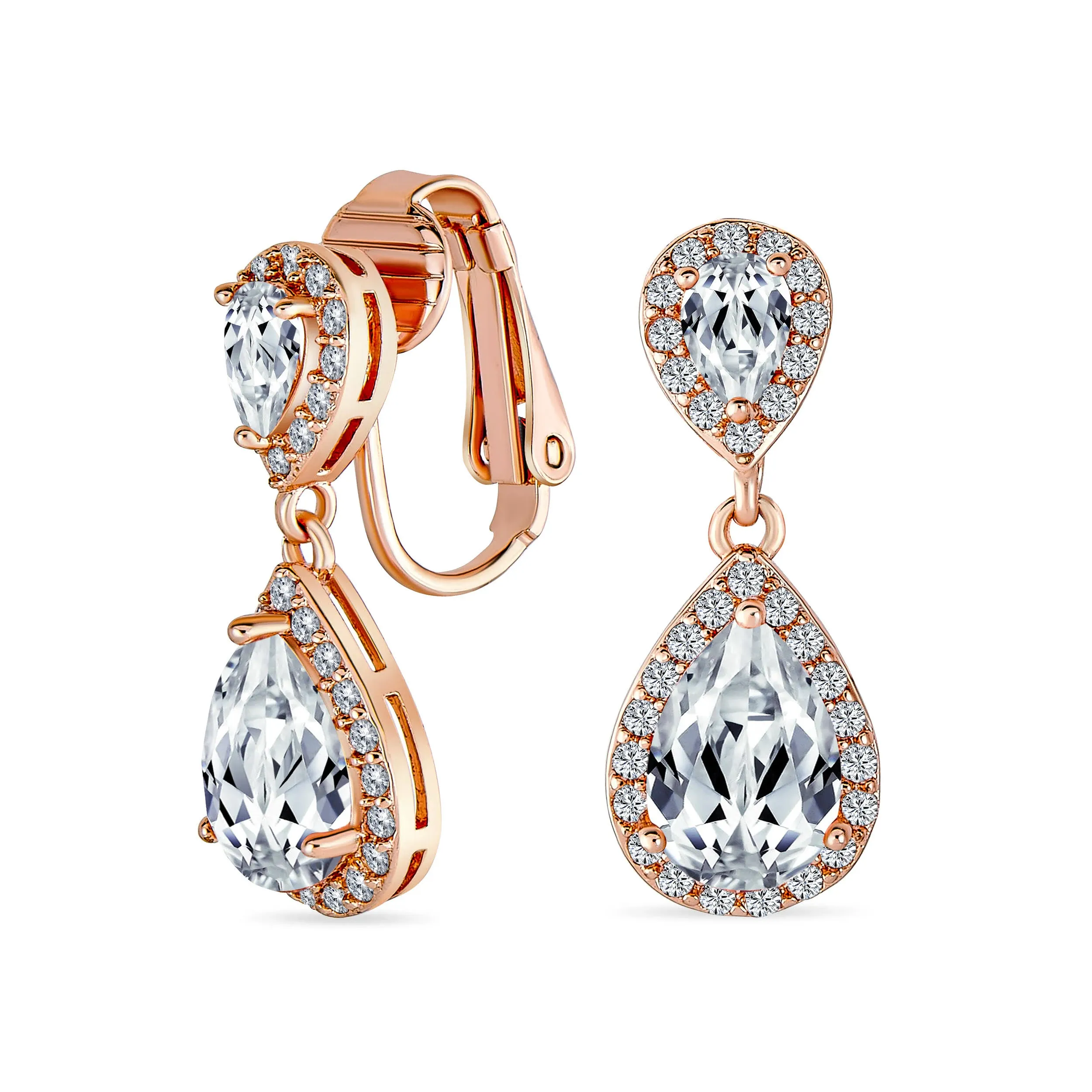 Bridal Teardrop CZ Halo Chandelier Clip on Earrings Silver Rose Gold - Purple