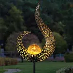 Exhart Garden Solar Lights, Half Flame Metal Filigree Torch Garden Stake, Flickering LED Glass Crackle Ball, Outdoor Decoration, 6.5 x 3 x 35.5 Inch