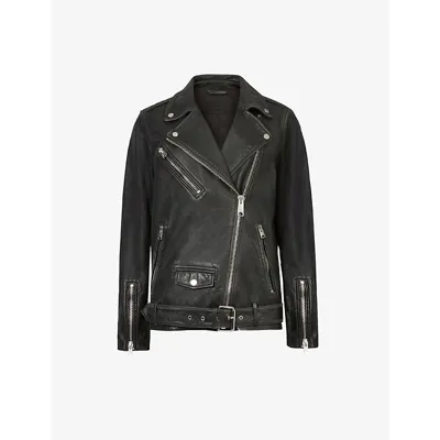 Shop Allsaints Women's Black Ladies Leather Buckled Billie Biker Jacket, Size: