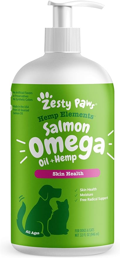 Zesty Paws Salmon Omega Oil Hemp for Dogs and Cats with Wild Alaskan Salmon Oil Omega 3 and 6 Fatty Acids with EPA DHA for Pets Supports Normal Skin Moisture and Immune System Function 32oz