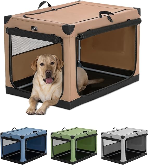 Petsfit 36 Inch Portable Dog Kennel, Adjustable Fabric Cover by Spiral Iron Pipe, Chew Proof 3 Door Design, Soft Collapsible Dog Crate Khaki