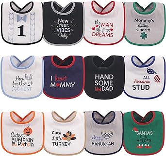 Hudson Baby Cotton Terry Drooler Bibs with Fiber Filling, Holiday Boy Bow Tie