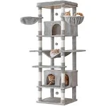 MWPO Cat Tree, 77.6in Extra Large w/ 2 Condos, Multi-Level Wide Perch, Scratching Posts, Hammocks, Dangling Toys, Light Grey, for Indoor Cats