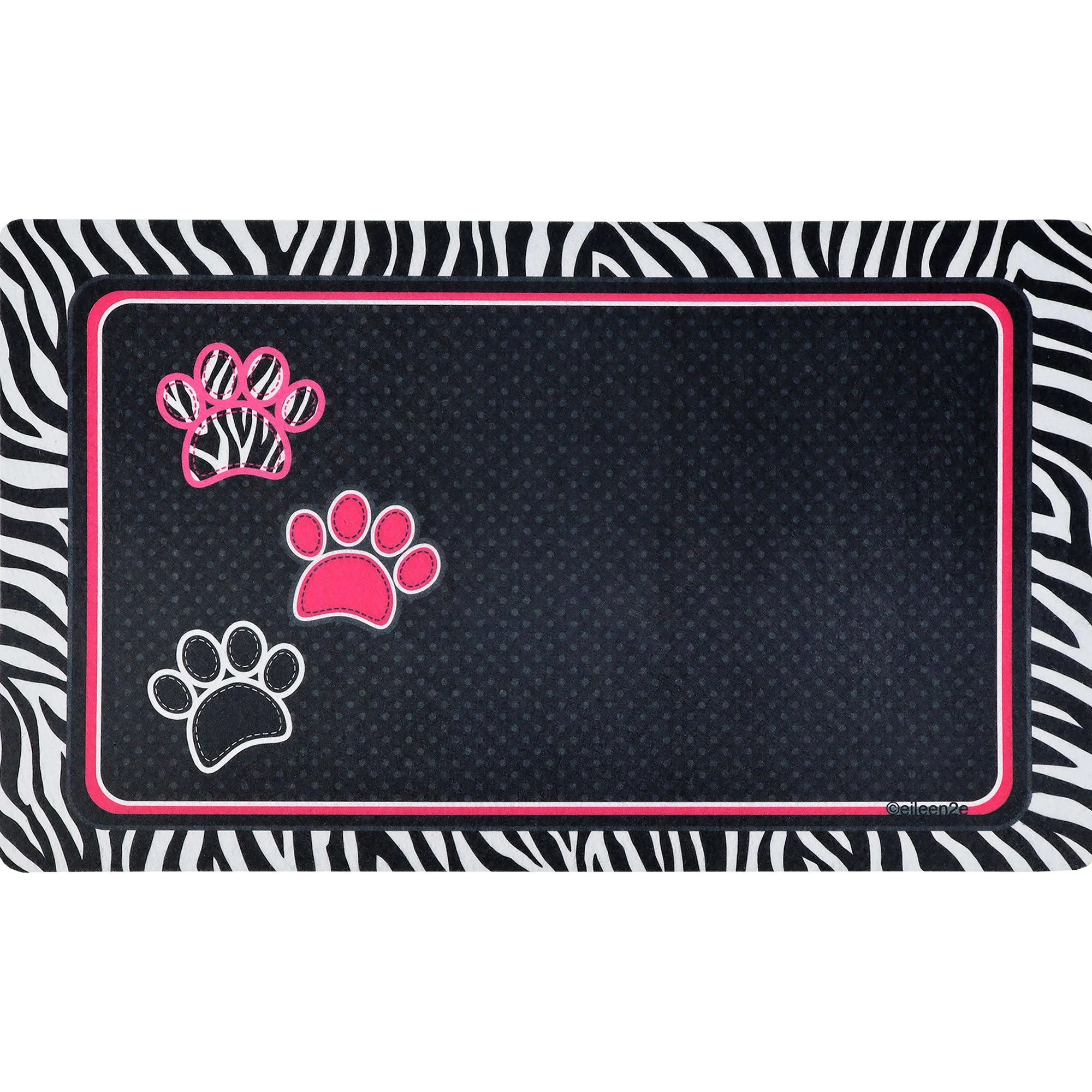 Drymate Pet Bowl Placemat, Dog & Cat Food Feeding Mat - Absorbent Fabric, Waterproof Backing, Slip-Resistant - Machine Washable/Durable (USA Made) (12” x 20”) (Zebra/Paws Black)