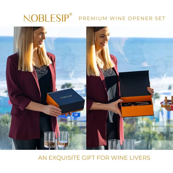 Wine Opener Set with Wood Stand, NOBLESIP Premium. Rabbit Corkscrew, Foil Cutter, 2 Bottle Stoppers, Spare Corkscrew. Easily removes all corks. A great gift for wine lovers (2024 Upgraded, Chrome Set)