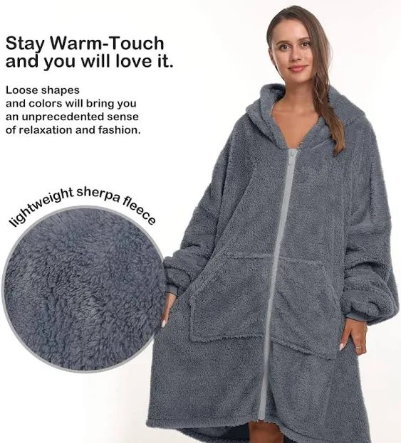 Cozy Sherpa Wearable Snuggle Blanket Hoodie with Zipper for Adults Women Men 