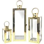 Allgala 3-PC Lantern Set 23 Inch Jumbo Deluxe Modern Indoor/Outdoor Candle Lantern Set Stainless Steel Frame Tempered Glass Rectangular Gold Color for Garden Poolside Fireplace Wedding