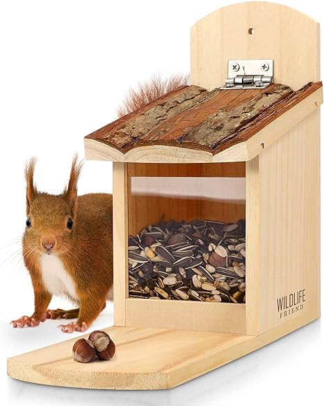 Wildlife Friend - Squirrel Feeding House Made of Solid Wood with Bark Roof ...