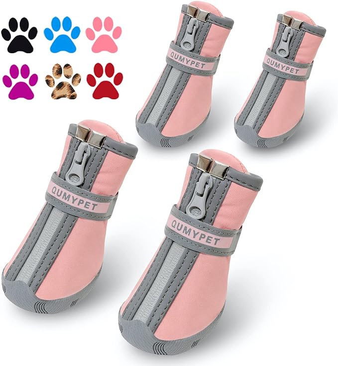 QUMY Dog Shoes for Small Dogs, Puppy Dog Boots & Paw Protectors for Winter Snowy Day, Summer Hot Pavement, Waterproof in Rainy Weather, Ourdoor Walking, Indoor Hardfloors Skid-Resistant Sole Pink 2