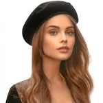 Jeicy Wool Beret Hat Solid Color French Beret with Skily Scarf and Brooch Black