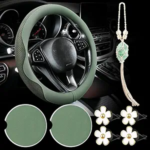 BBTO Sage Green Car Accessory Set Steering Wheel Cover Ceramic Coasters Daisy Flower Air Vent Clip Freshener Crystal Hanging at MechanicSurplus.com